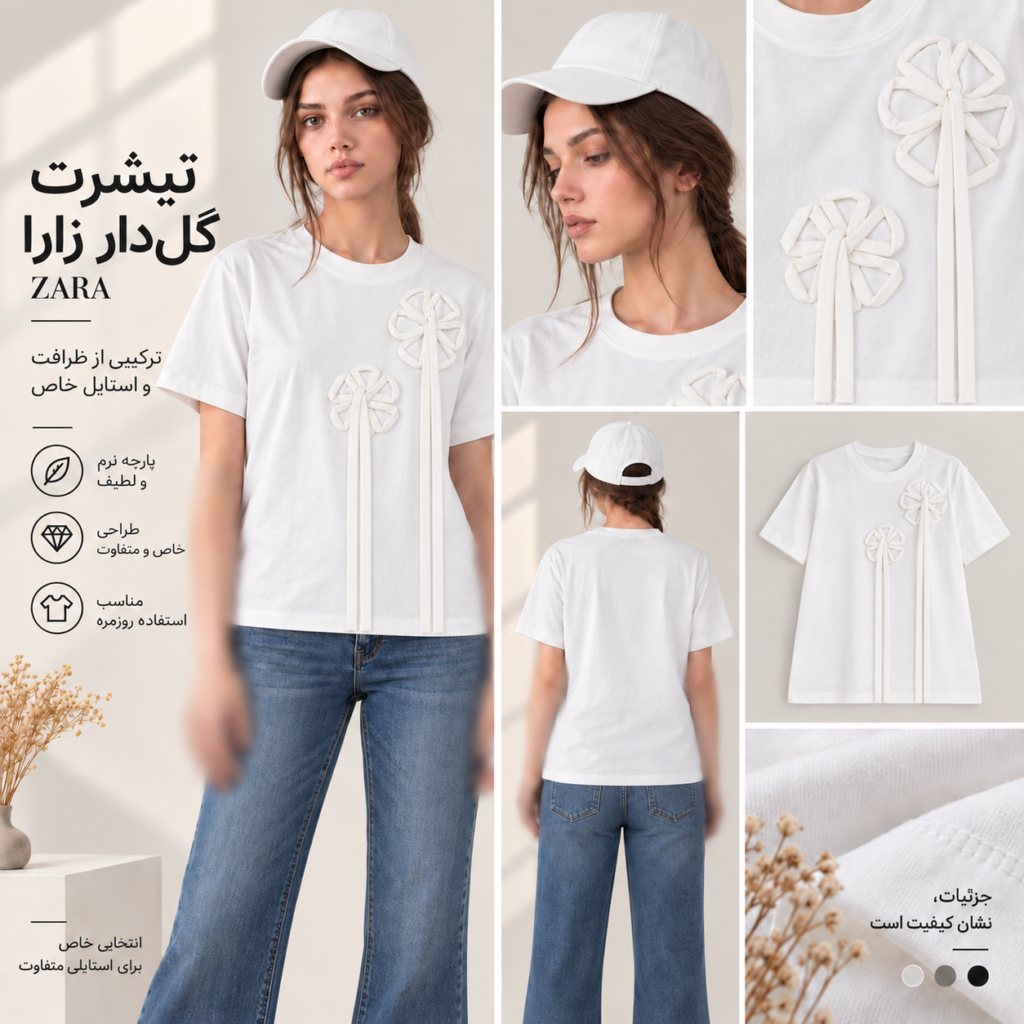 تیشرت زنانه گل برجسته ZARA سفید